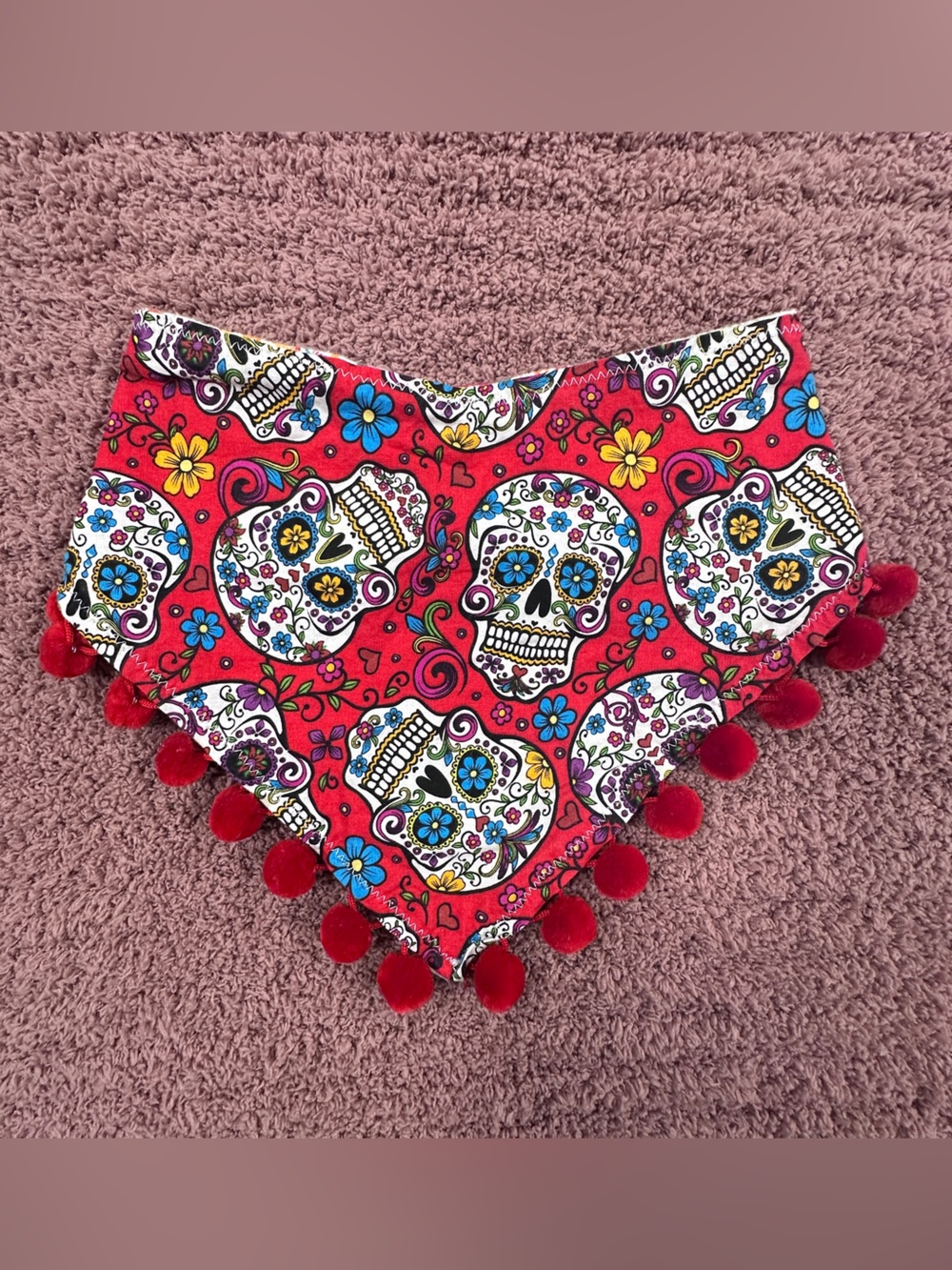 Dog Bandana, day of the dead pattern, reversible, washable, 8” w/ snaps, or tie
